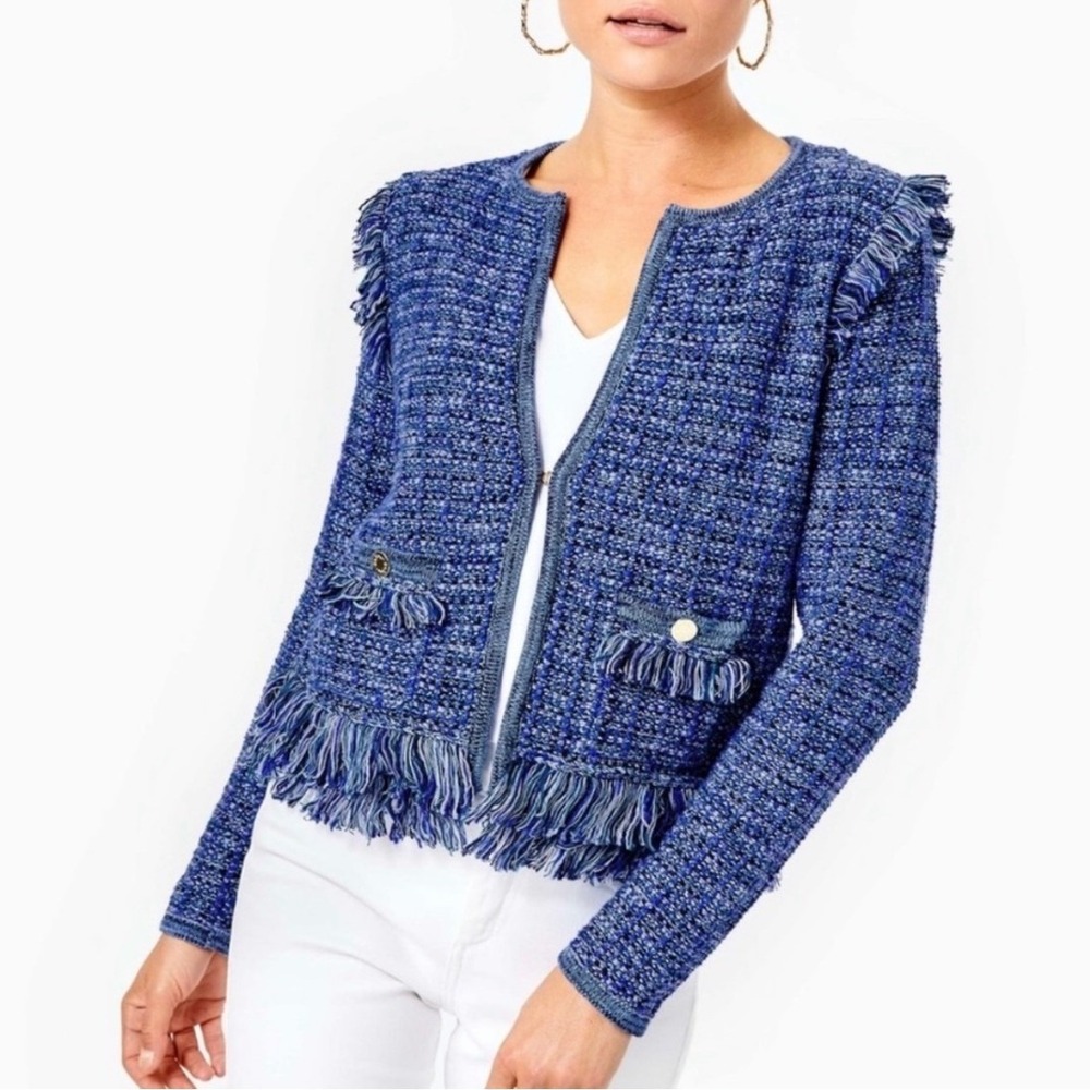 Lilly Pulitzer Simora Fringe Cardigan Oyster Bay Navy Blue Tweed Blazer Small